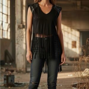 Black Fringe Studded Sleeveless Top